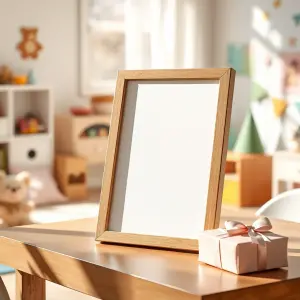 Blank Wooden Photo Frame and Gift Box on Wooden Table in Playroom