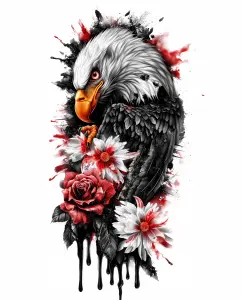 Artistic Illustration of Bald Eagle with Red and White Flowers