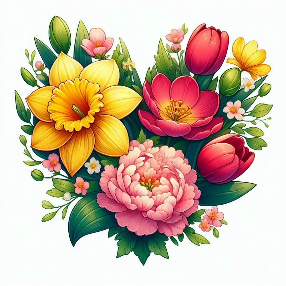Colorful Heart-Shaped Floral Arrangement with Daffodil, Tulips, and Peonies