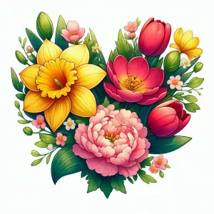 Colorful Heart-Shaped Floral Arrangement with Daffodil, Tulips, and Peonies