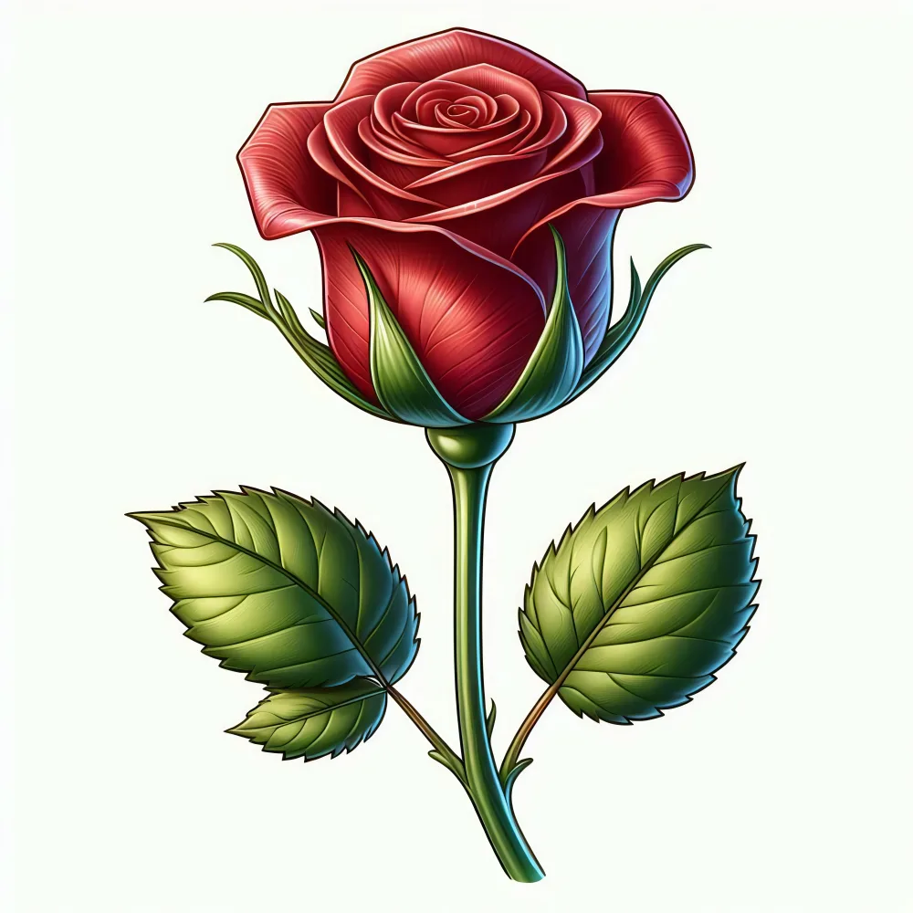 Close-up Illustration of a Single Red Rose with Green Leaves