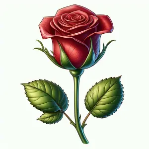Close-up Illustration of a Single Red Rose with Green Leaves
