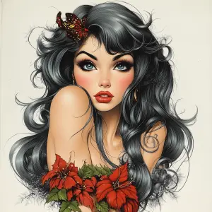 Portrait of a Woman with Long Black Hair and Red Flowers