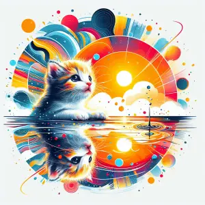 Colorful Artistic Illustration of Kitten with Sun Reflection