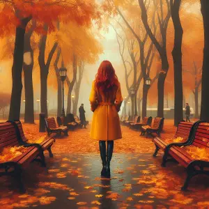 Woman in Yellow Coat Walking Through Autumn Park