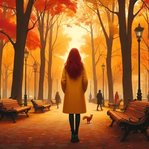 Woman in Yellow Coat Standing on Autumn Park Pathway