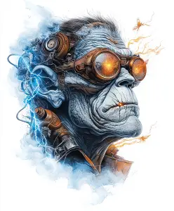 Steampunk Cybernetic Gorilla Portrait with Electric and Fiery Effects