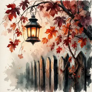 Rustic Autumn Lantern with Red Maple Leaves and Wooden Fence