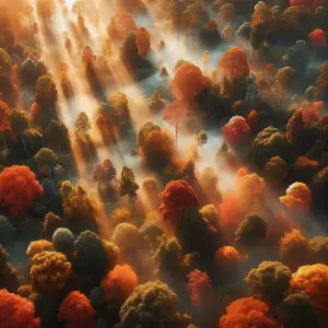 Sunlight Filtering Through Autumn Forest with Mist