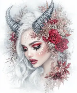 Fantasy Portrait of Woman with Silver Hair and Horns Adorned with Red Roses