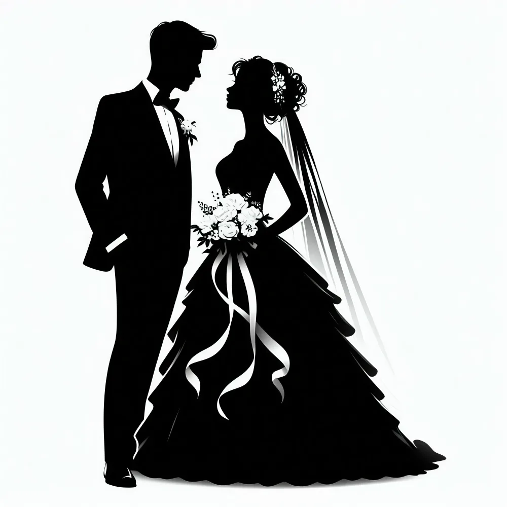 Silhouette of Bride and Groom in Wedding Attire