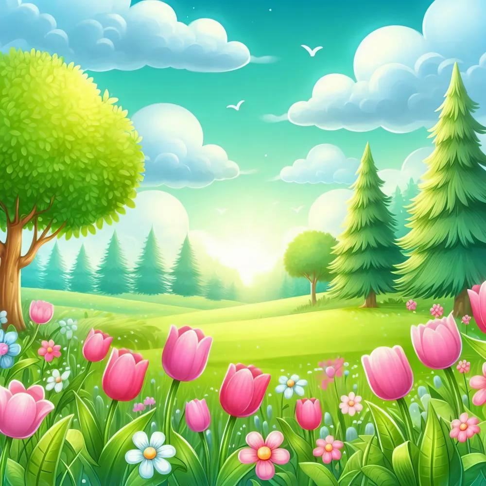 Colorful Spring Meadow with Tulips and Evergreen Trees