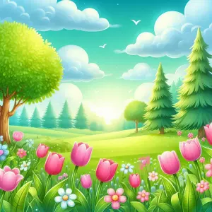 Colorful Spring Meadow with Tulips and Evergreen Trees