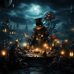 Spooky Halloween Night Gathering with Pumpkin-Headed Figures