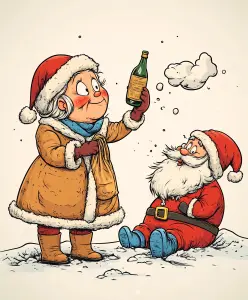 Santa Claus Sitting in Snow with Mrs. Claus Holding a Bottle