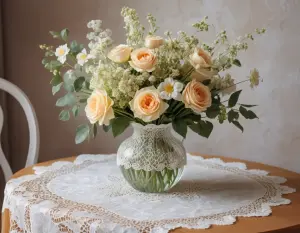 Peach Rose and White Floral Bouquet in Lace-Trimmed Vase