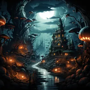Fantasy Haunted House in a Dark Mushroom Forest Under Full Moon