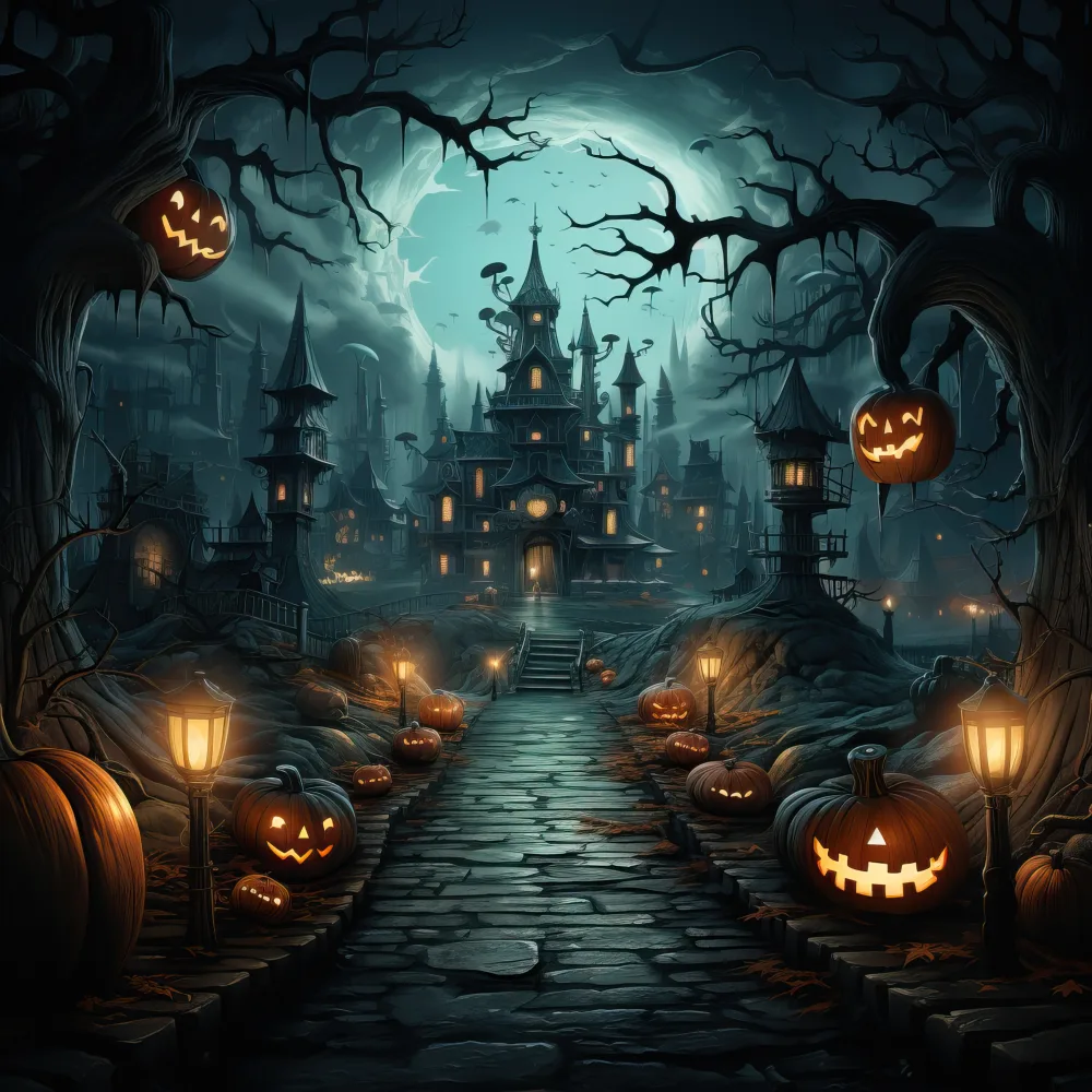 Spooky Halloween Night with Haunted House and Jack-o'-Lanterns