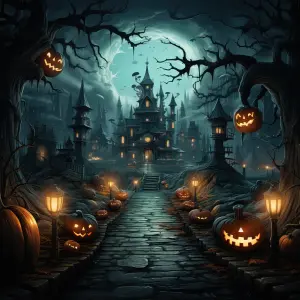 Spooky Halloween Night with Haunted House and Jack-o'-Lanterns