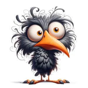 Cartoon Illustration of a Confused Black Bird with Big Eyes