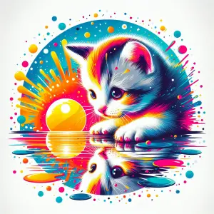 Colorful Artistic Illustration of Kitten Gazing at Reflective Orb