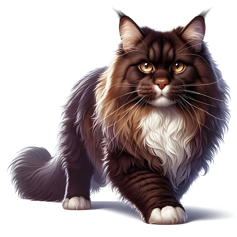 Close-Up of a Fluffy Brown and White Maine Coon Cat