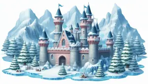 Snowy Castle in Winter Landscape with Pine Trees and Mountains