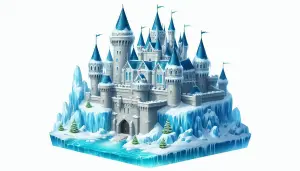 Fantasy Ice Castle with Blue Turrets and Snow-Covered Grounds