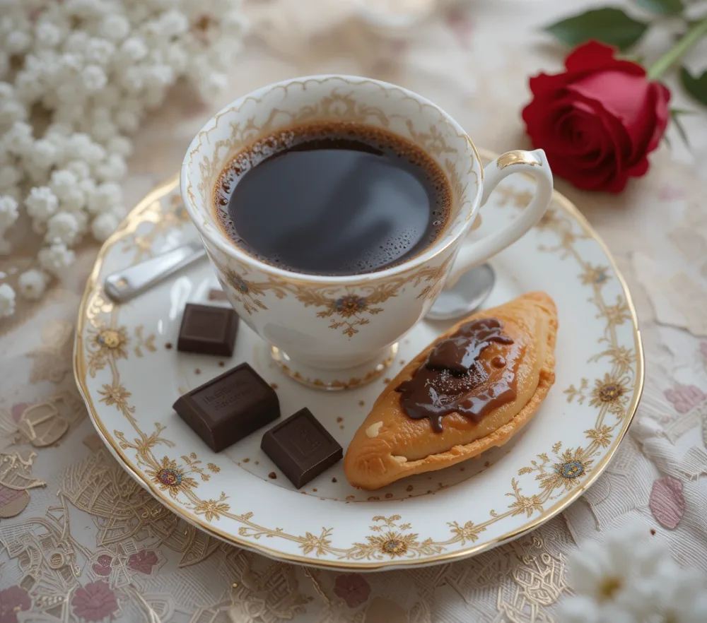 Elegant Coffee with Pastry, Chocolate, and Red Rose on Ornate Plate