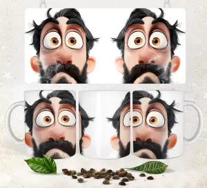Coffee Mug with Surprised Cartoon Face Design and Coffee Beans