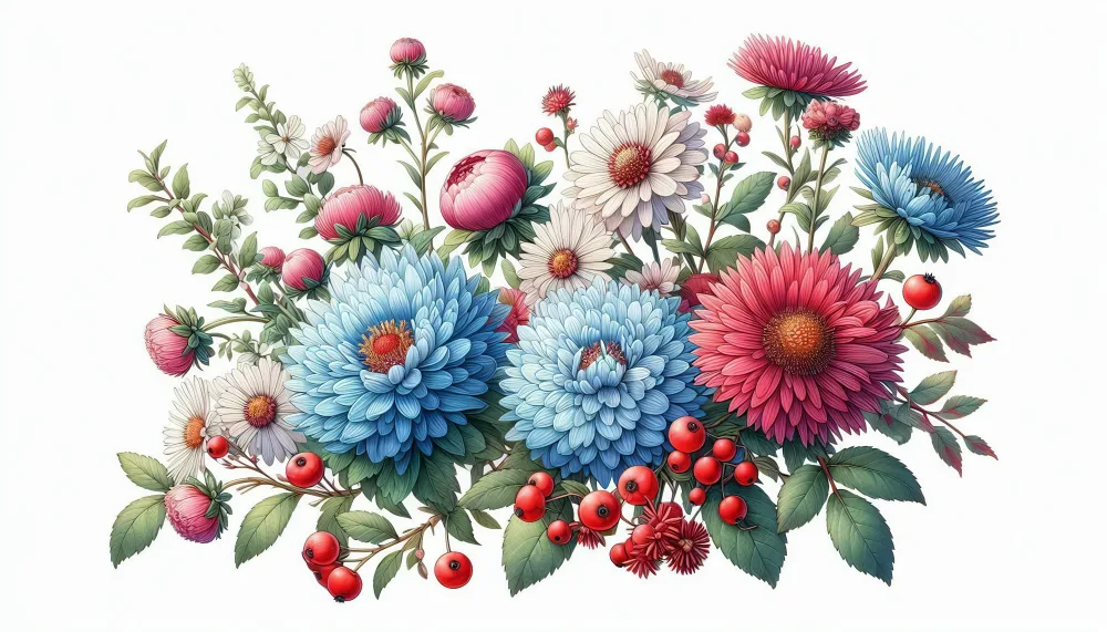 Colorful Bouquet of Red, Blue, and White Flowers with Green Leaves
