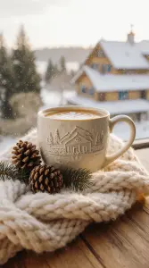 Cozy Winter Coffee by Snowy Window with Pinecones