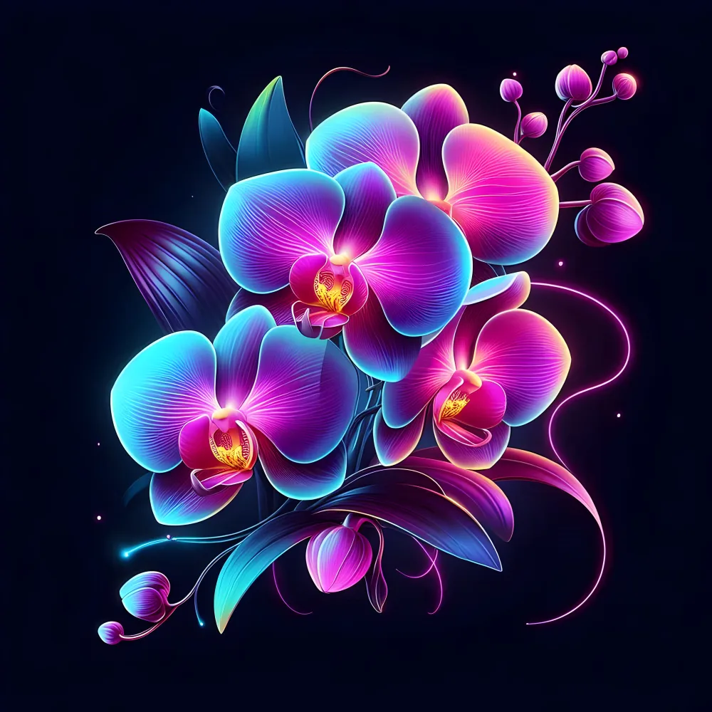 Vibrant Neon Purple and Blue Orchids on Black Background