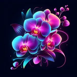 Vibrant Neon Purple and Blue Orchids on Black Background