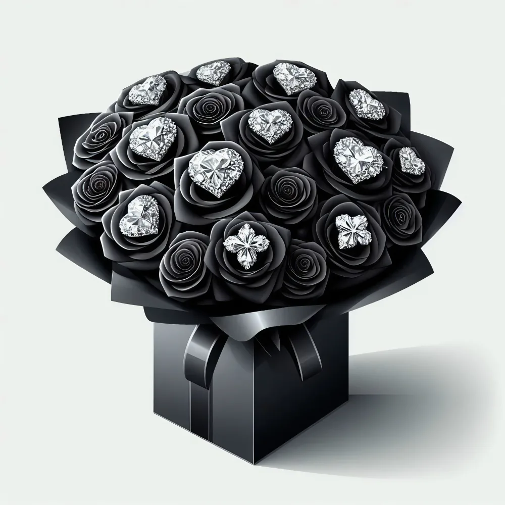 Bouquet of Black Roses with Diamond-Shaped Gems in Black Gift Box