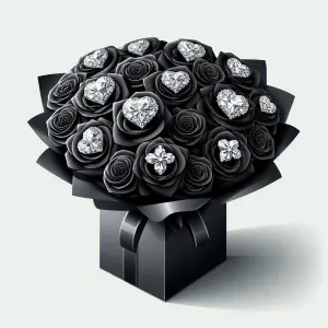 Bouquet of Black Roses with Diamond-Shaped Gems in Black Gift Box
