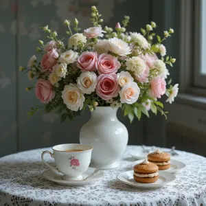 Elegant Tea Setting with Pink and Cream Roses Bouquet