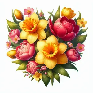 Colorful Bouquet of Yellow Daffodils and Pink Peonies with Green Leaves