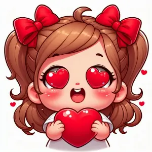 Cute Cartoon Girl With Heart Eyes and Red Heart