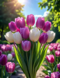 Sunlit Purple and White Tulips in Bloom
