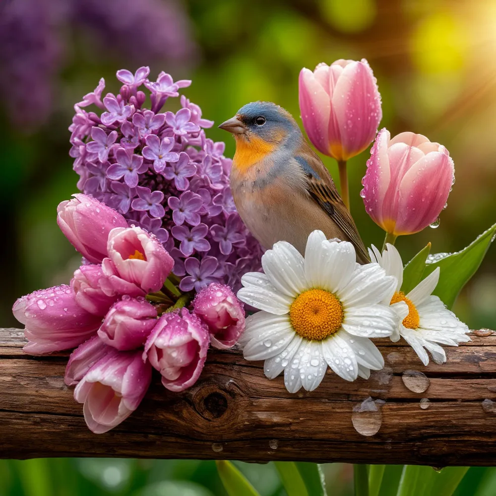 Small Bird Perched on Wet Flowers on a Rustic Wood Branch
