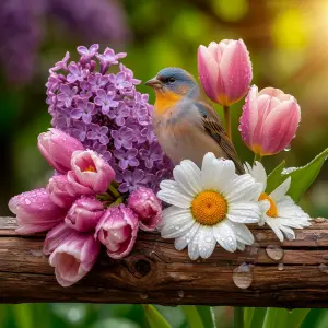Small Bird Perched on Wet Flowers on a Rustic Wood Branch