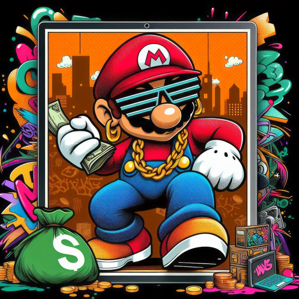 Cool Mario Character with Hip-Hop Style and Money
