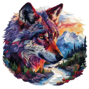 Colorful Artistic Wolf Portrait with Mountain Landscape