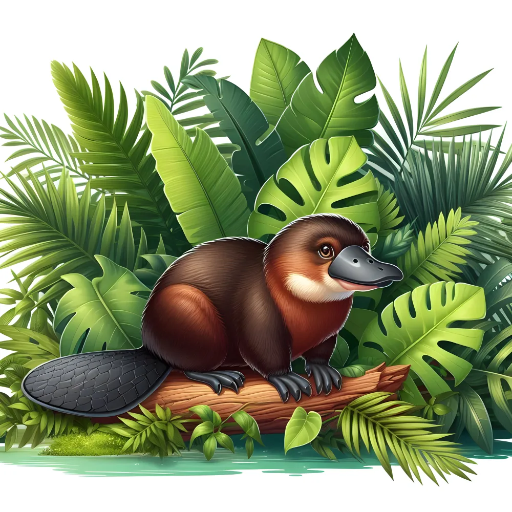 Illustration of Platypus on Log with Tropical Leaves