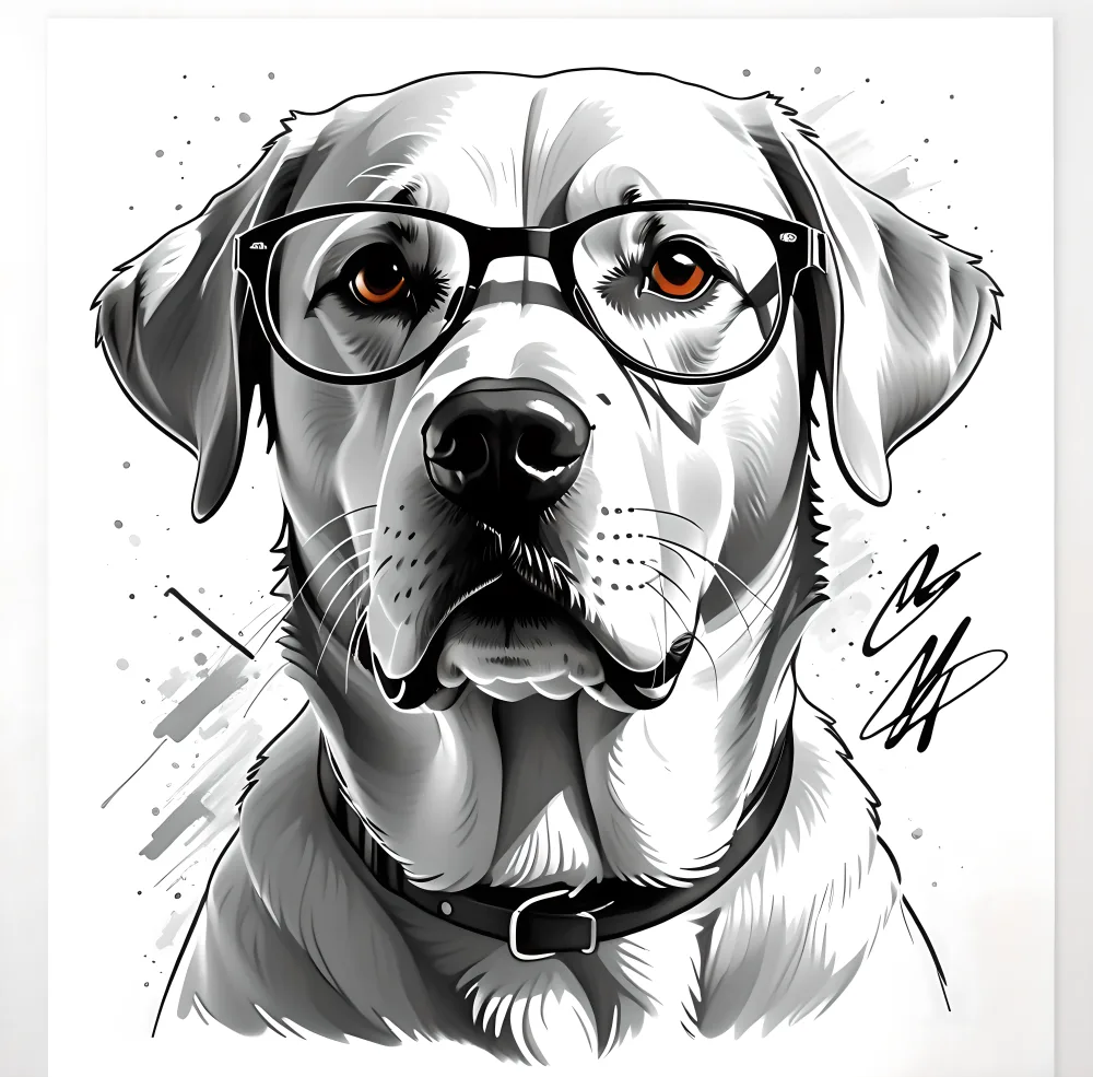 Black and White Digital Illustration of Labrador Retriever Dog Wearing Glasses