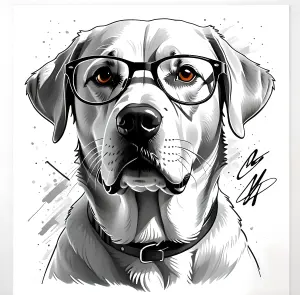 Black and White Digital Illustration of Labrador Retriever Dog Wearing Glasses