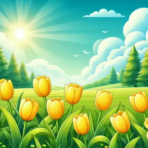 Sunny Spring Landscape with Yellow Tulip Field