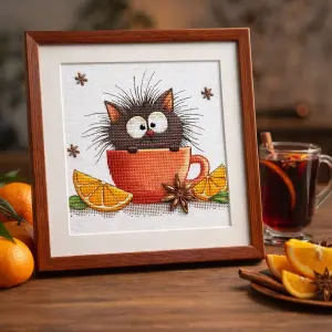 Framed Cross-Stitch Art of Cute Cat in Orange Cup with Citrus and Spices