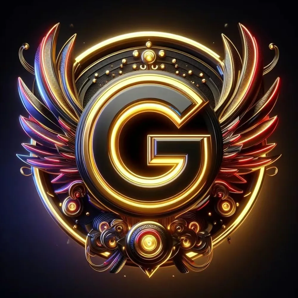 Golden Letter G Emblem with Ornate Wings and Decorative Accents
